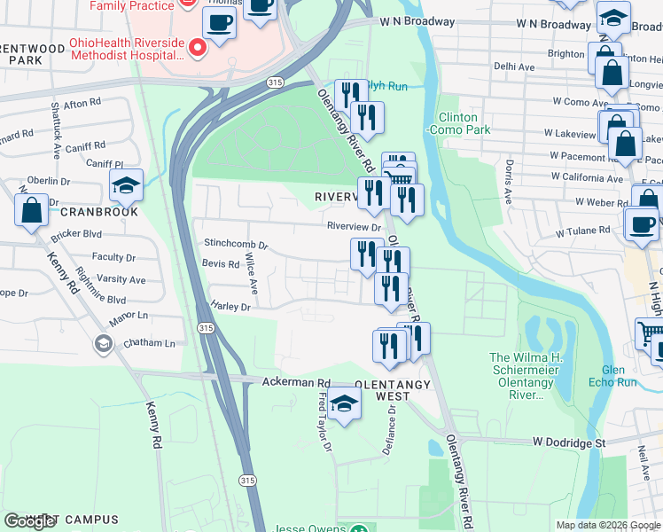 map of restaurants, bars, coffee shops, grocery stores, and more near 572 Stinchcomb Drive in Columbus