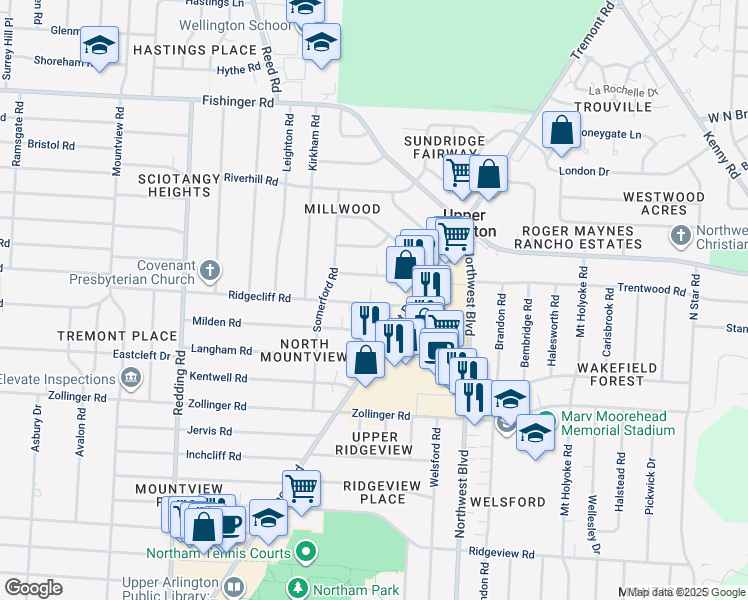 map of restaurants, bars, coffee shops, grocery stores, and more near 1752 Ridgecliff Road in Upper Arlington