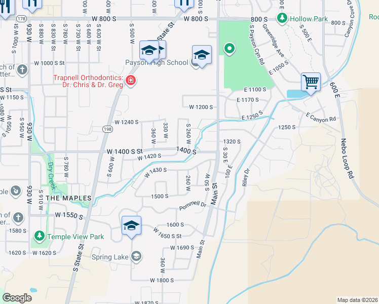 map of restaurants, bars, coffee shops, grocery stores, and more near 1463 South 260 West in Payson
