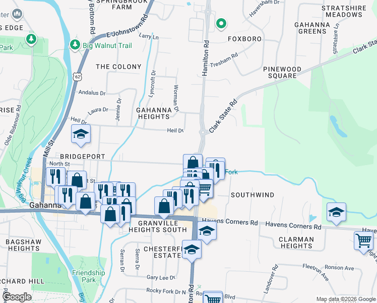 map of restaurants, bars, coffee shops, grocery stores, and more near 219 North Hamilton Road in Gahanna