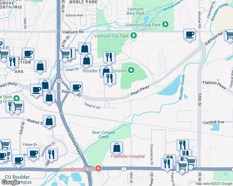 map of restaurants, bars, coffee shops, grocery stores, and more near 2470 49th Street in Boulder