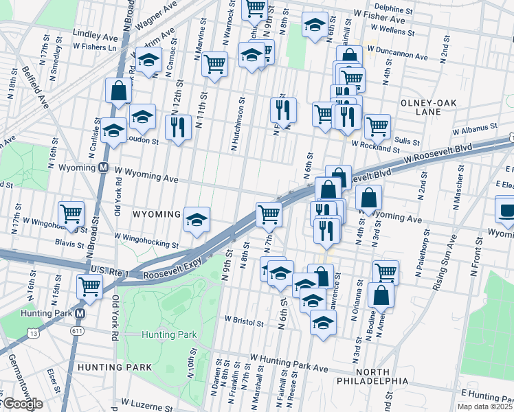 map of restaurants, bars, coffee shops, grocery stores, and more near 737 West Roosevelt Boulevard in Philadelphia