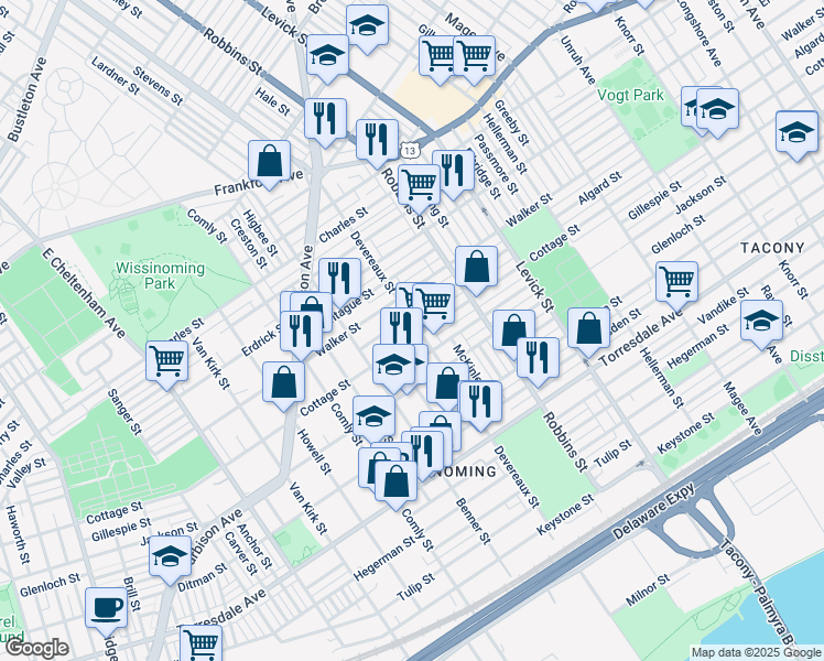 map of restaurants, bars, coffee shops, grocery stores, and more near 4340 Devereaux Street in Philadelphia