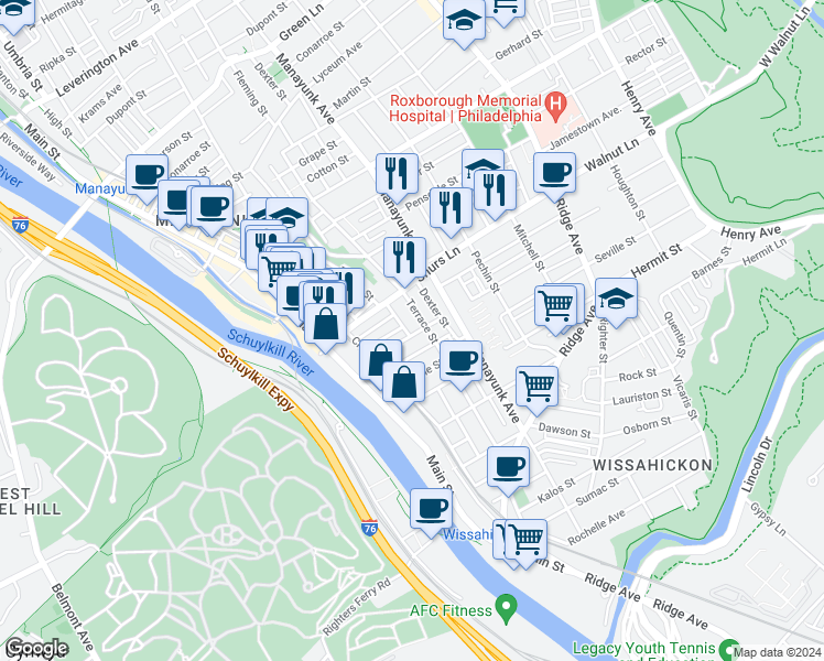 map of restaurants, bars, coffee shops, grocery stores, and more near 164 Markle Street in Philadelphia