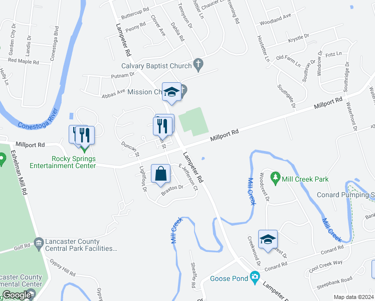 map of restaurants, bars, coffee shops, grocery stores, and more near 1602 Millport Road in Lancaster