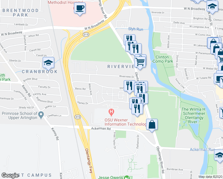 map of restaurants, bars, coffee shops, grocery stores, and more near 589 Stinchcomb Drive in Columbus