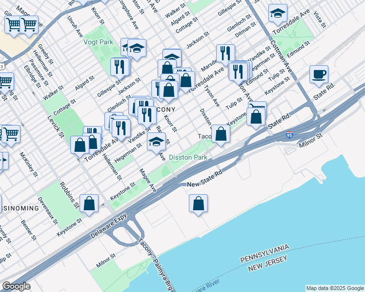map of restaurants, bars, coffee shops, grocery stores, and more near 4913 Rawle Street in Philadelphia