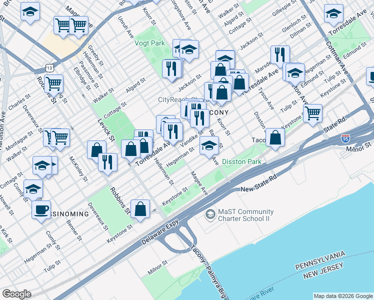 map of restaurants, bars, coffee shops, grocery stores, and more near 6634 Hegerman Street in Philadelphia
