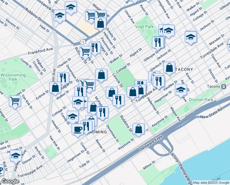 map of restaurants, bars, coffee shops, grocery stores, and more near 6332 Glenloch Street in Philadelphia