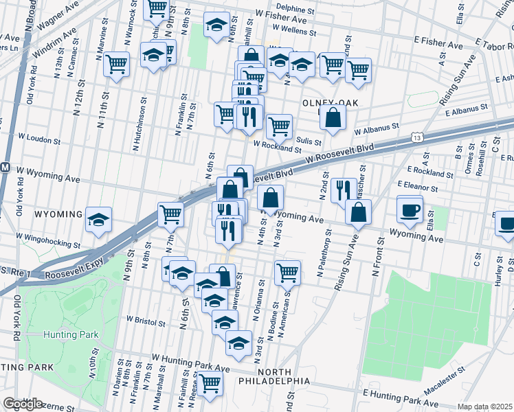 map of restaurants, bars, coffee shops, grocery stores, and more near 417 West Wyoming Avenue in Philadelphia