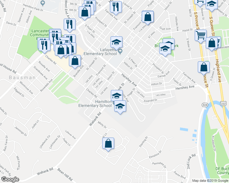 map of restaurants, bars, coffee shops, grocery stores, and more near 1217 Wabank Road in Lancaster