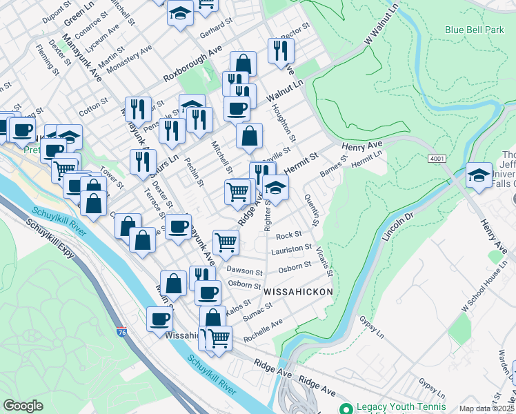 map of restaurants, bars, coffee shops, grocery stores, and more near 5442 Ridge Avenue in Philadelphia