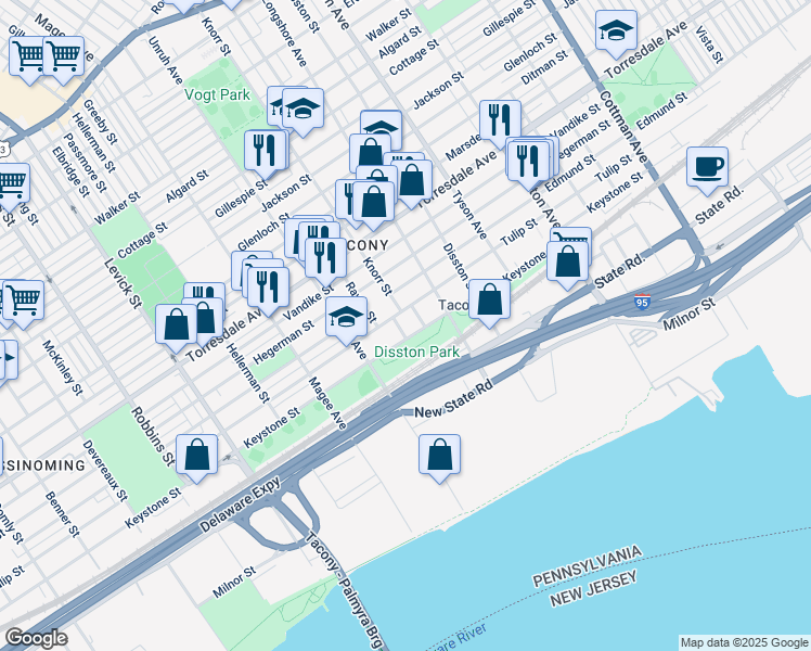 map of restaurants, bars, coffee shops, grocery stores, and more near 4913 Rawle Street in Philadelphia