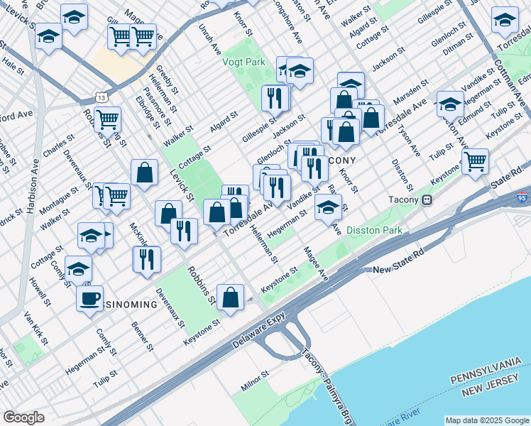 map of restaurants, bars, coffee shops, grocery stores, and more near 6535 Torresdale Avenue in Philadelphia