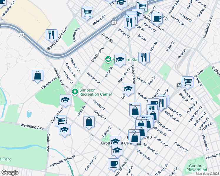 map of restaurants, bars, coffee shops, grocery stores, and more near 1137 Harrison Street in Philadelphia