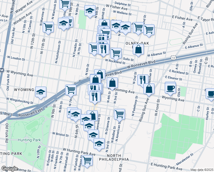 map of restaurants, bars, coffee shops, grocery stores, and more near 417 West Wyoming Avenue in Philadelphia