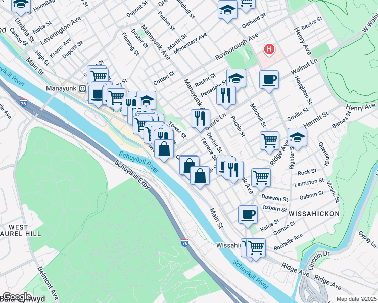 map of restaurants, bars, coffee shops, grocery stores, and more near 119 Kingsley St in Philadelphia