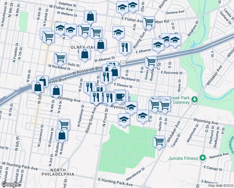 map of restaurants, bars, coffee shops, grocery stores, and more near 130 East Loudon Street in Philadelphia