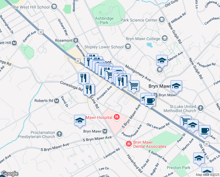 map of restaurants, bars, coffee shops, grocery stores, and more near 17 Prospect Avenue in Bryn Mawr