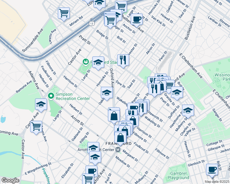 map of restaurants, bars, coffee shops, grocery stores, and more near 5001 Oxford Avenue in Philadelphia