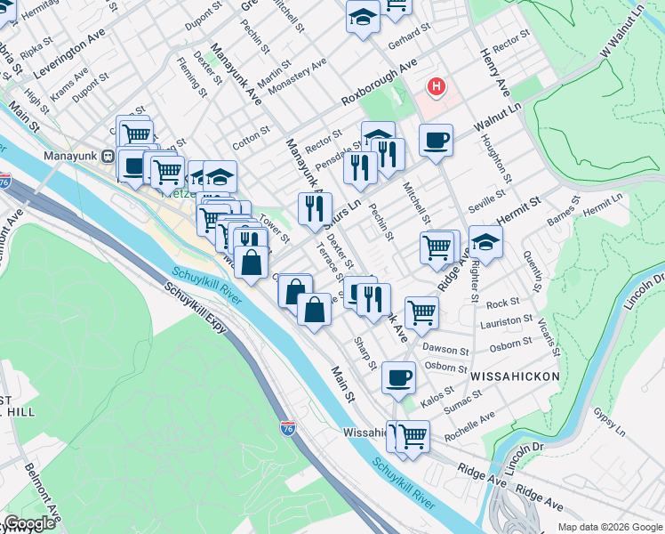 map of restaurants, bars, coffee shops, grocery stores, and more near 3938 Terrace St in Philadelphia
