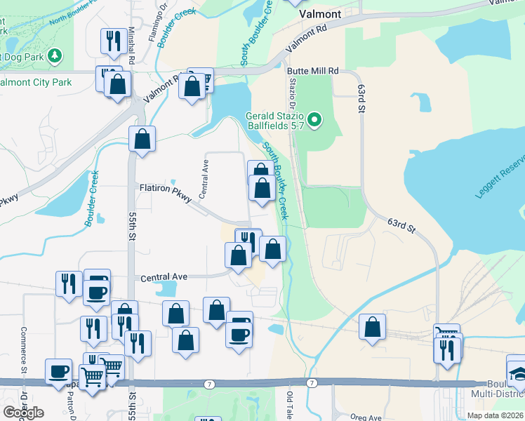 map of restaurants, bars, coffee shops, grocery stores, and more near 2300 Central Avenue in Boulder