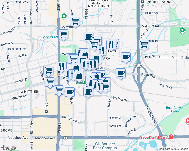 map of restaurants, bars, coffee shops, grocery stores, and more near 3080 Pearl Parkway in Boulder