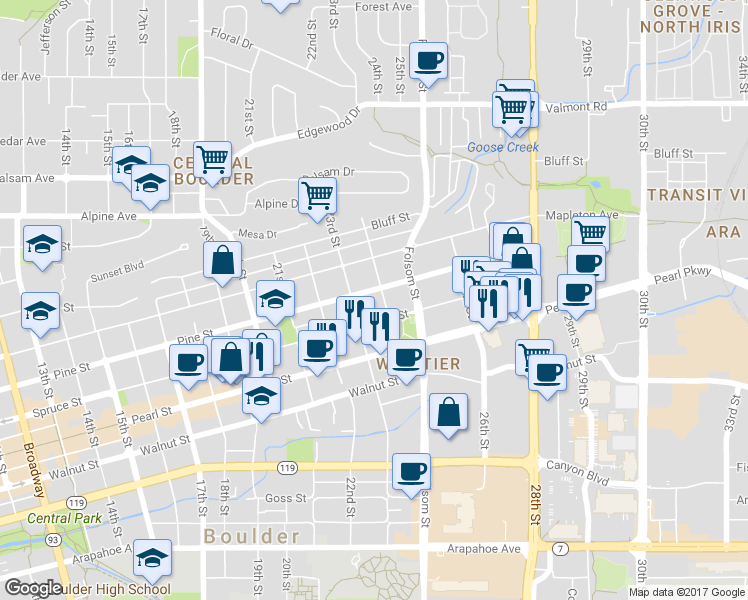 map of restaurants, bars, coffee shops, grocery stores, and more near 2334 Pine Street in Boulder