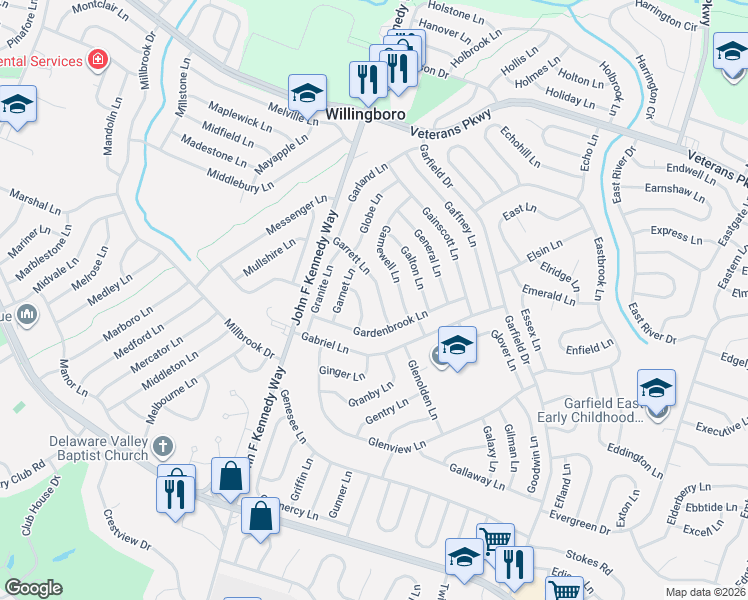 map of restaurants, bars, coffee shops, grocery stores, and more near 20 Garrett Lane in Willingboro