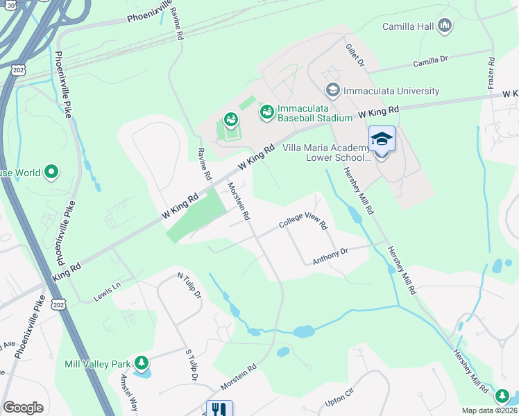 map of restaurants, bars, coffee shops, grocery stores, and more near 1537 Morstein Road in Malvern