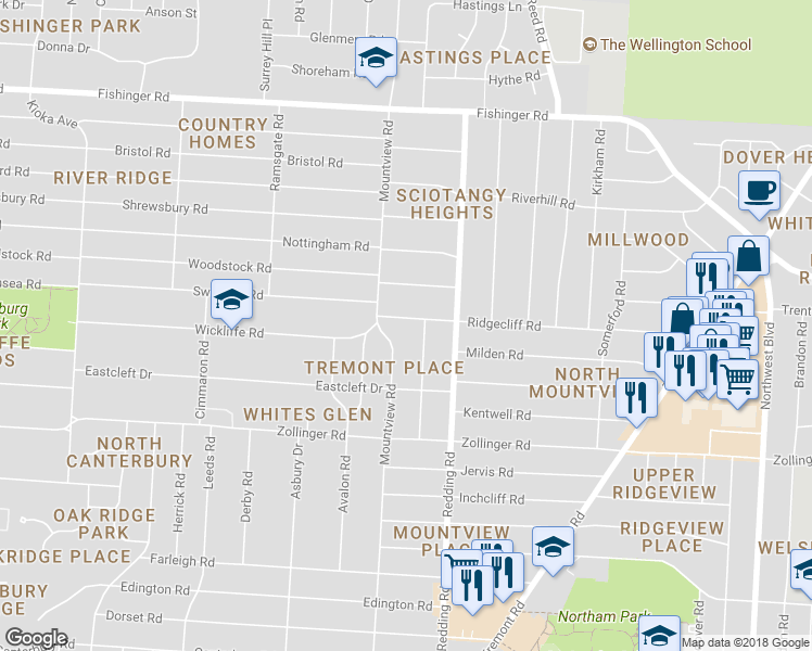 map of restaurants, bars, coffee shops, grocery stores, and more near 2169 Ridgecliff Road in Columbus