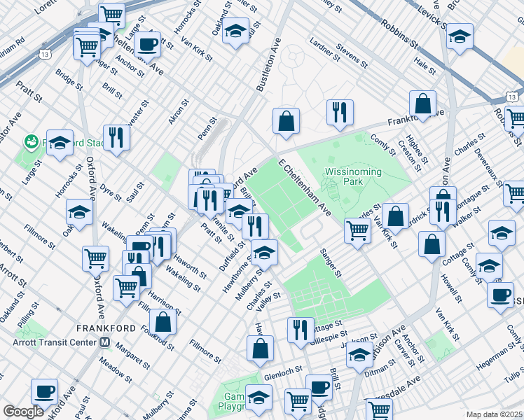 map of restaurants, bars, coffee shops, grocery stores, and more near 1661 Brill Street in Philadelphia