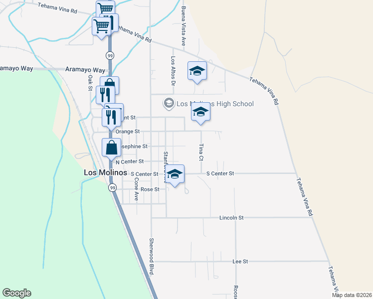 map of restaurants, bars, coffee shops, grocery stores, and more near 25295 Josephine Street in Los Molinos