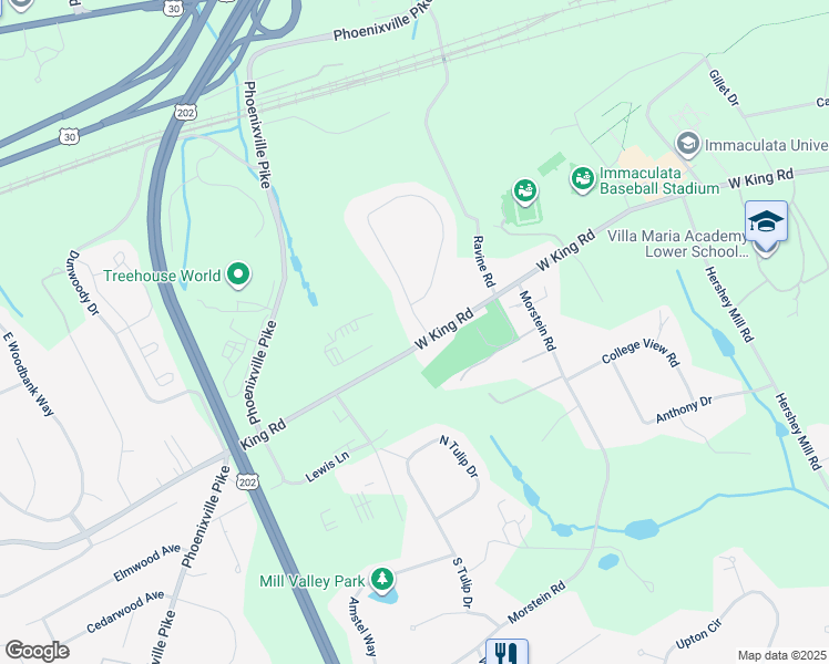 map of restaurants, bars, coffee shops, grocery stores, and more near 2 Glenloch Way in Malvern