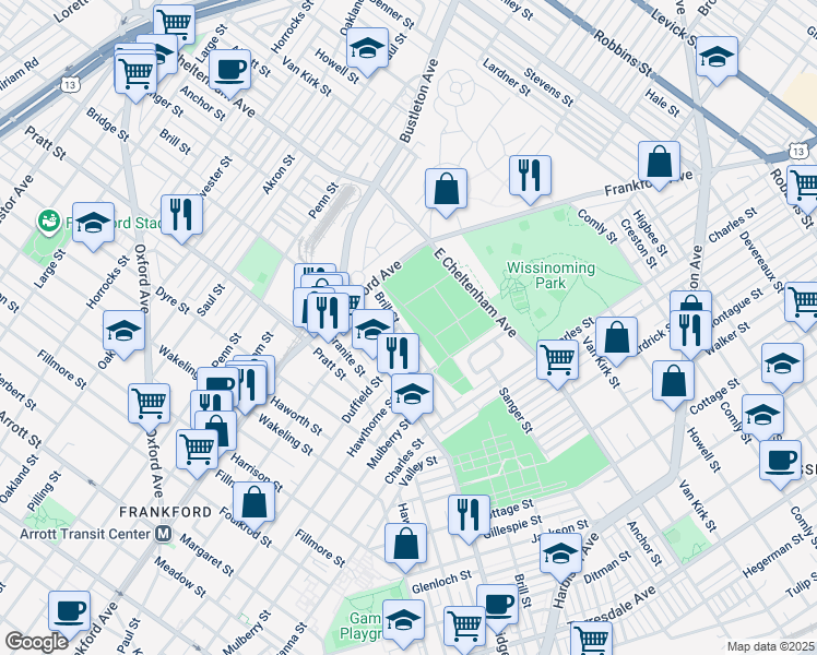 map of restaurants, bars, coffee shops, grocery stores, and more near 1661 Brill Street in Philadelphia