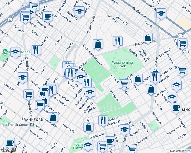 map of restaurants, bars, coffee shops, grocery stores, and more near 5655 Frankford Avenue in Philadelphia
