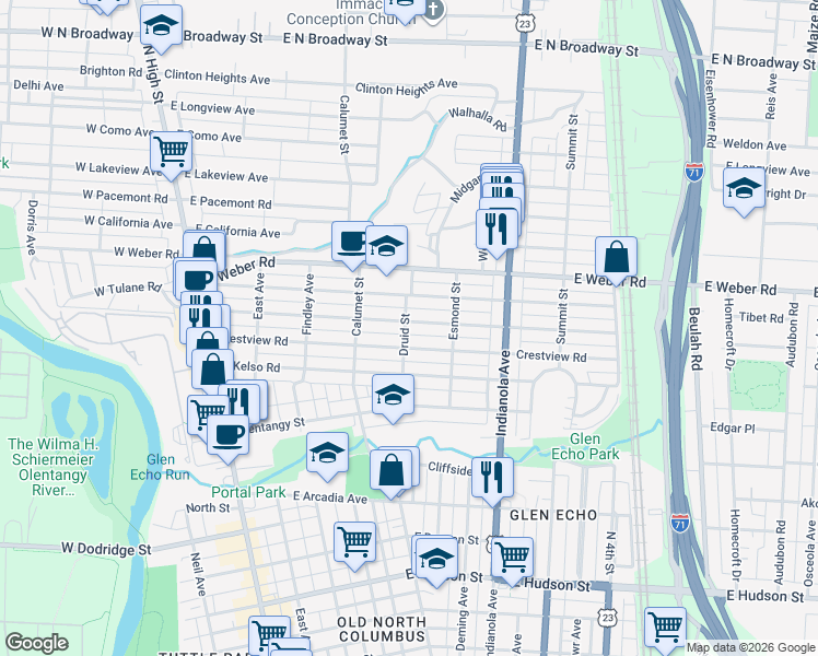 map of restaurants, bars, coffee shops, grocery stores, and more near 287 East Tulane Road in Columbus