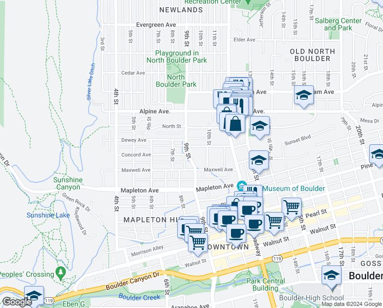 map of restaurants, bars, coffee shops, grocery stores, and more near 932 Portland Place in Boulder