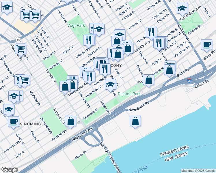 map of restaurants, bars, coffee shops, grocery stores, and more near 4820 Unruh Avenue in Philadelphia