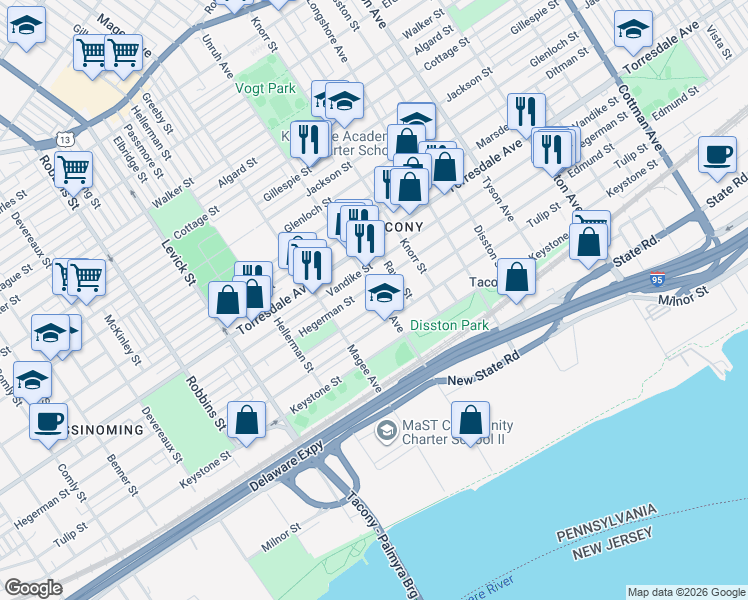 map of restaurants, bars, coffee shops, grocery stores, and more near 4811 Unruh Avenue in Philadelphia