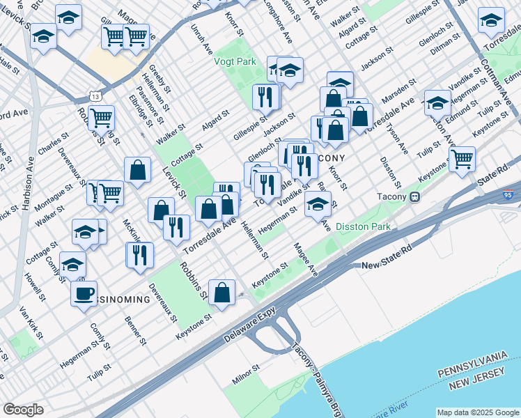 map of restaurants, bars, coffee shops, grocery stores, and more near in Philadelphia