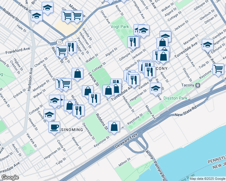 map of restaurants, bars, coffee shops, grocery stores, and more near 6444 Marsden Street in Philadelphia