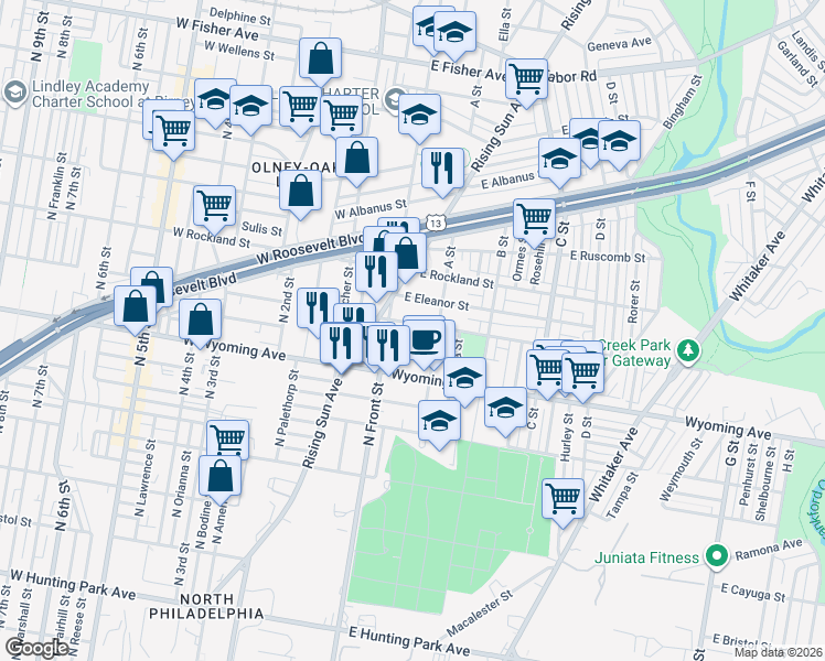 map of restaurants, bars, coffee shops, grocery stores, and more near 121 East Loudon Street in Philadelphia