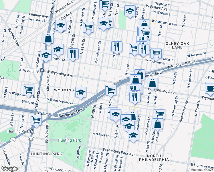 map of restaurants, bars, coffee shops, grocery stores, and more near 729 West Roosevelt Boulevard in Philadelphia