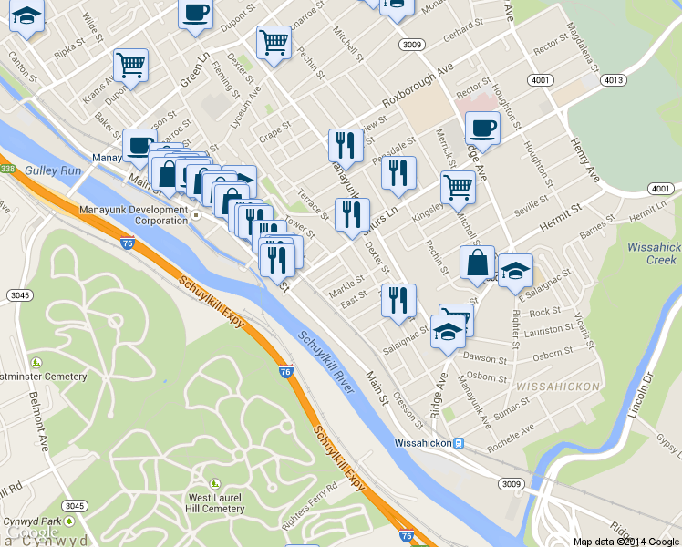 map of restaurants, bars, coffee shops, grocery stores, and more near 133 Kingsley Street in Philadelphia