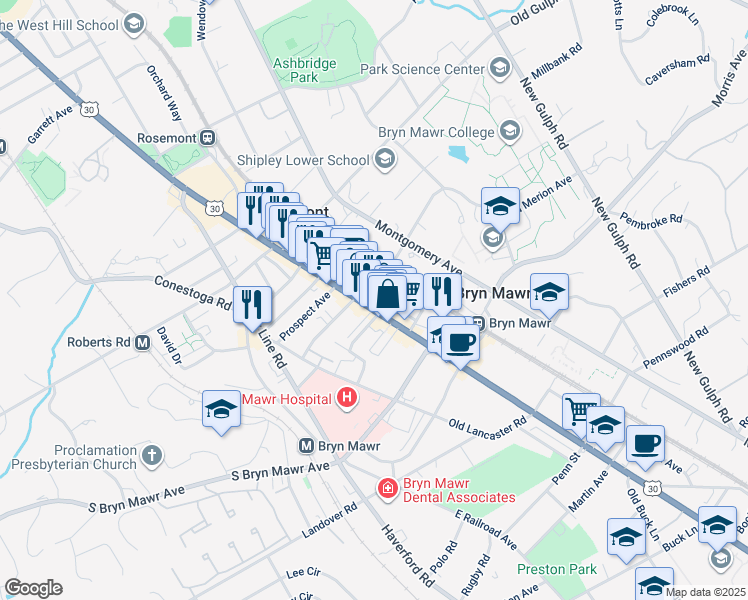 map of restaurants, bars, coffee shops, grocery stores, and more near 903 Lancaster Avenue in Bryn Mawr