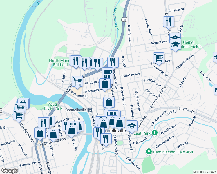 map of restaurants, bars, coffee shops, grocery stores, and more near 102 East Murphy Avenue in Connellsville