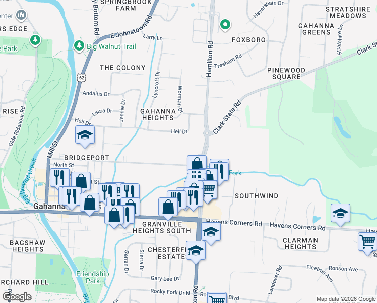 map of restaurants, bars, coffee shops, grocery stores, and more near 219 North Hamilton Road in Gahanna
