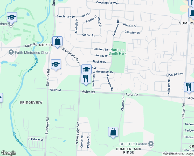 map of restaurants, bars, coffee shops, grocery stores, and more near 2508 Pendleton Place in Columbus