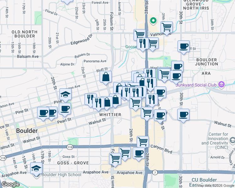 map of restaurants, bars, coffee shops, grocery stores, and more near 2535 Spruce Street in Boulder